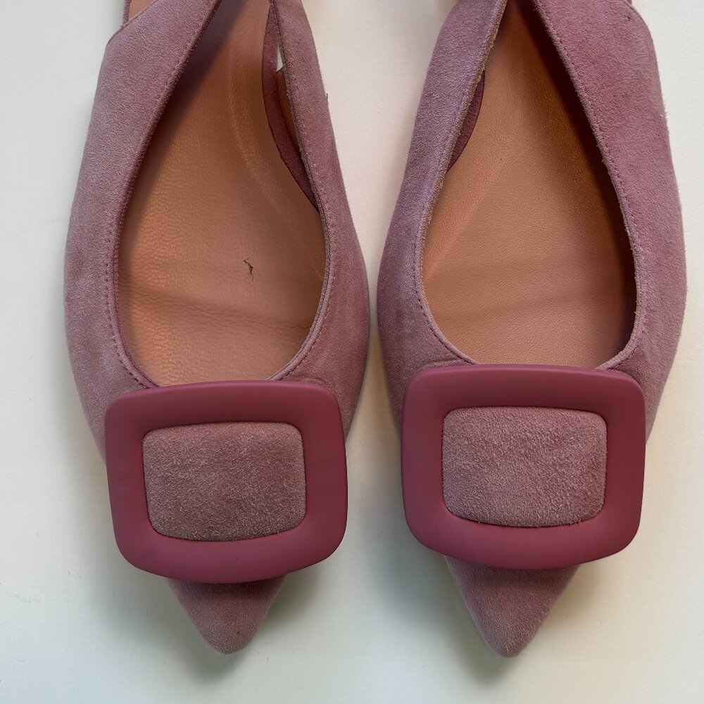 Pretty Ballerinas Suede‎ Slingback Flats 38 Pink Buckle Pointed Toe Spain - Picture 2 of 7